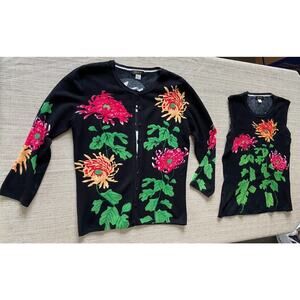 Elizabeth NY Black Floral Beaded Sequin Cardigan M and Tank Top L